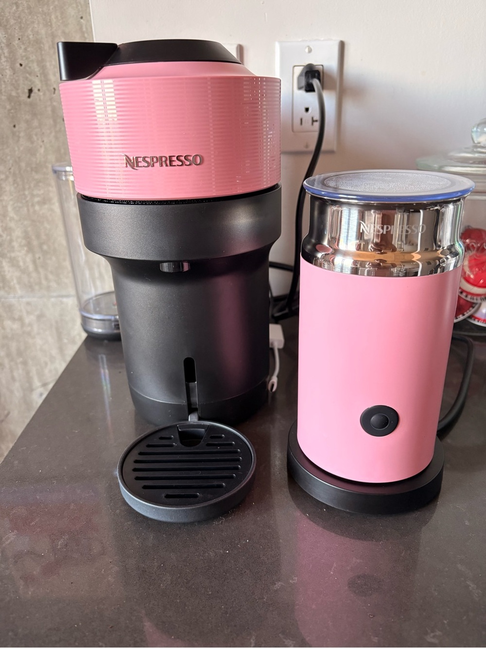 Nespresso Pink Capsule Espresso Machine with Matching Pink Milk Frother